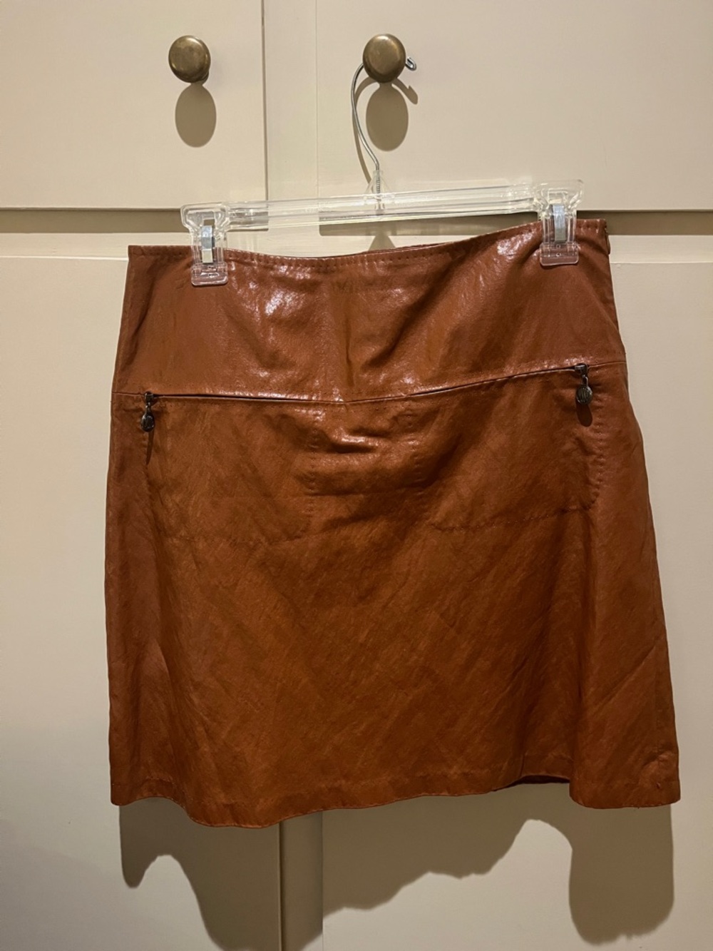 Faux-Leather Mini Skirt in Warm Brown with Zip Accents